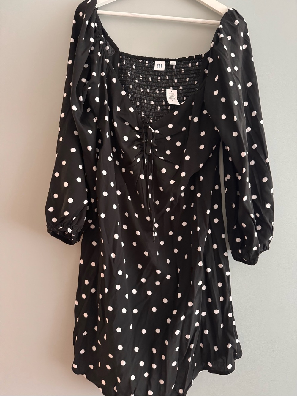 GAP Black Dress with White Polka Dots and Puff Sleeves